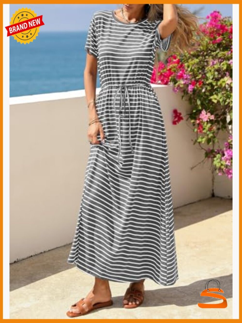 Women's Maxi Dress Short Sleeve Striped Drawstring Waist Loose Fit T-Shirt Dress - Picture 3 of 7